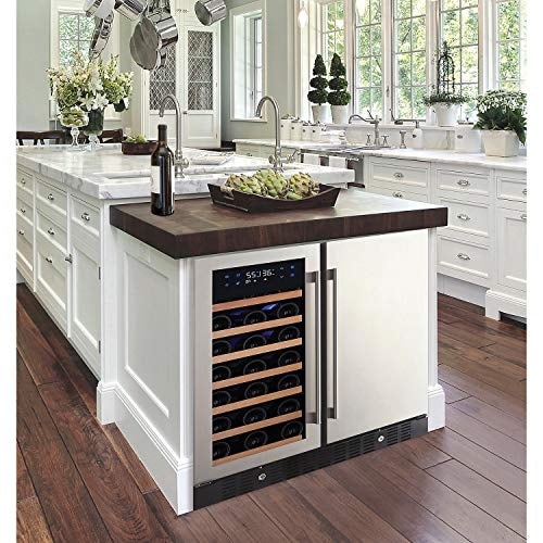 Under-Counter Wine Fridge In A White Island With Wood Countertop