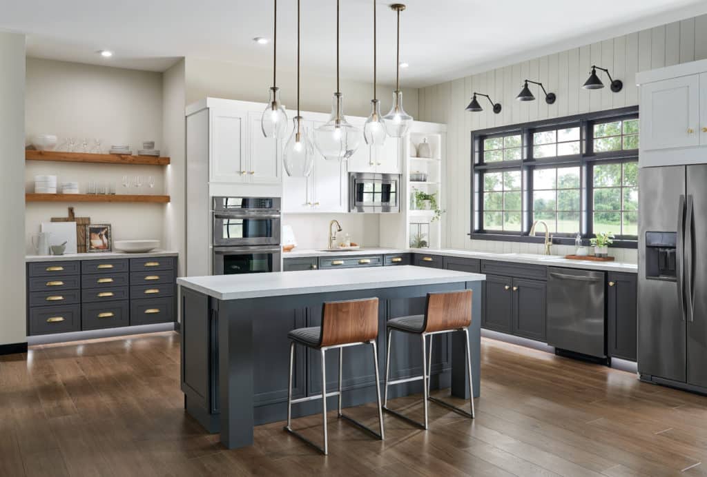 Glass pendant lights in high-end kitchen