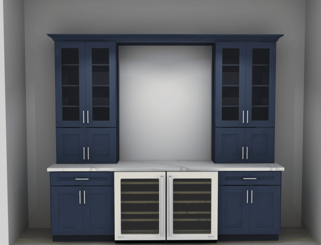 Home bar design with navy cabinets, wine refrigerators and countertop