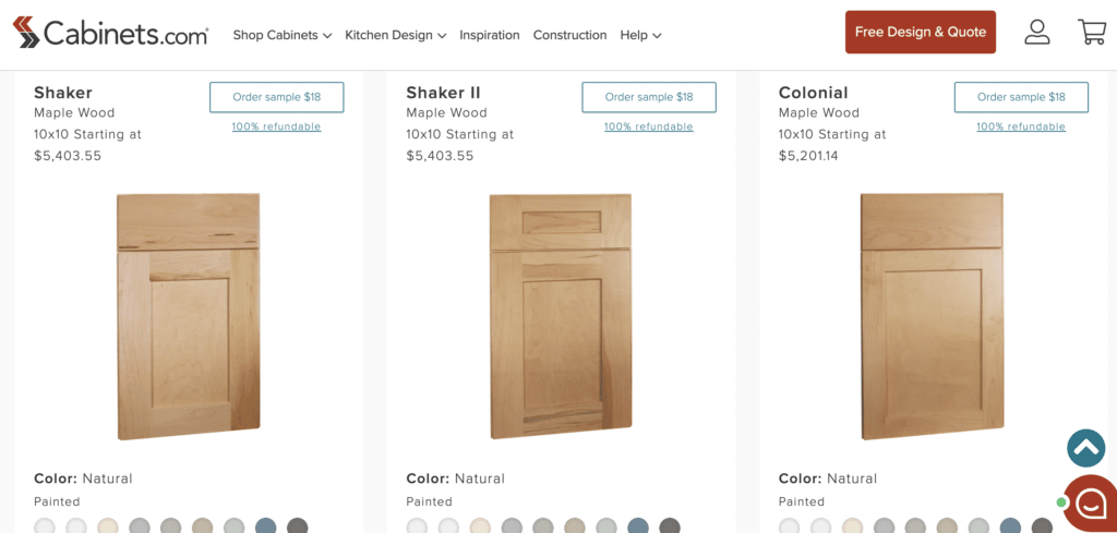 Screenshot of Cabinets.com Website with Cabinet doors