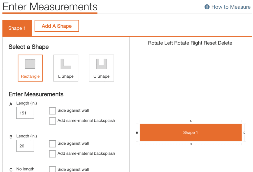 Entering Dimensions for Home Depot Countertops