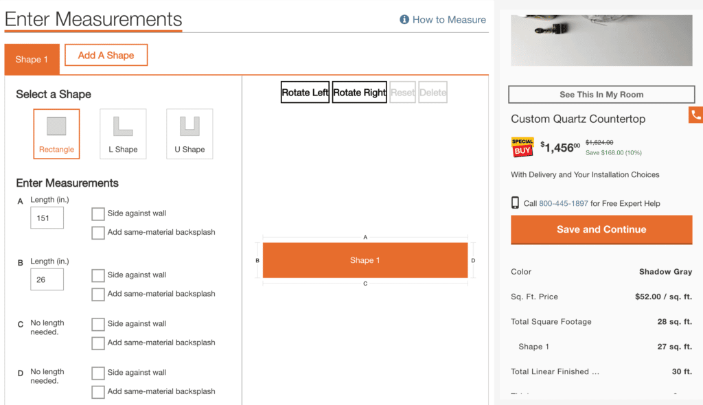 Home Depot Countertop designer website screenshot