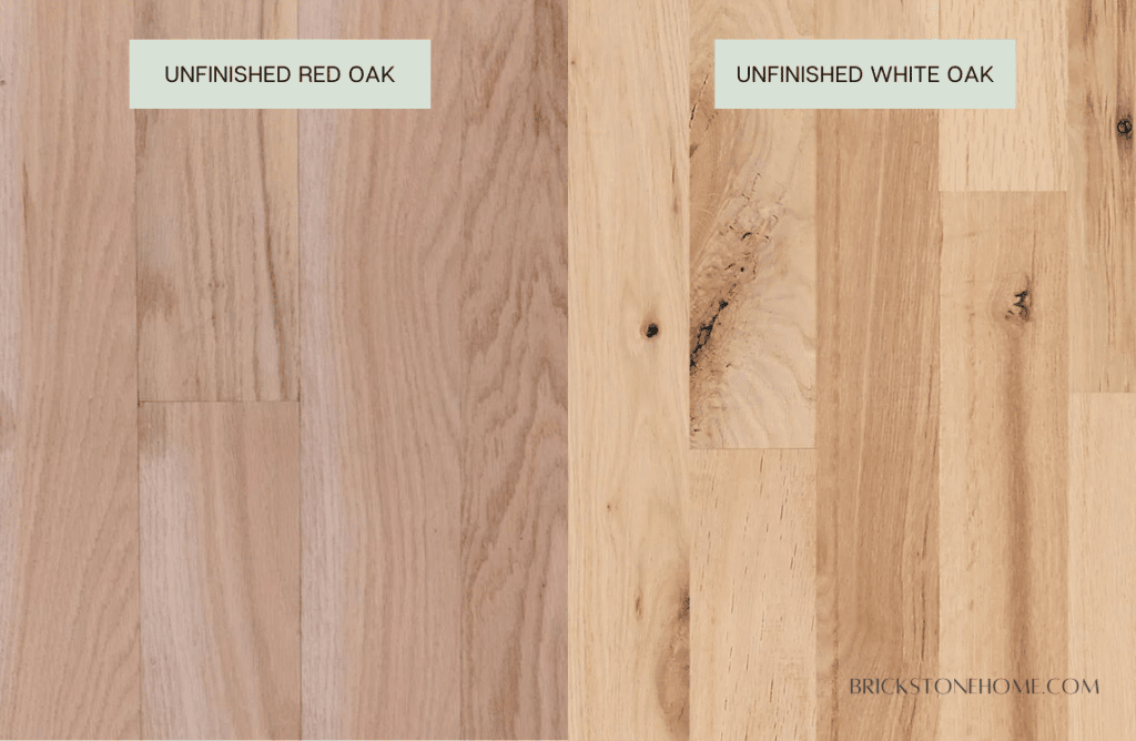Comparison of unfinished white and red oak floors side-by-side