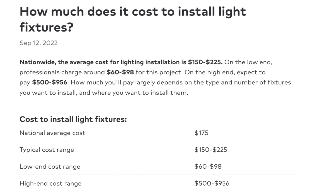 Screenshot of Thumbtack.com cost range for light installation