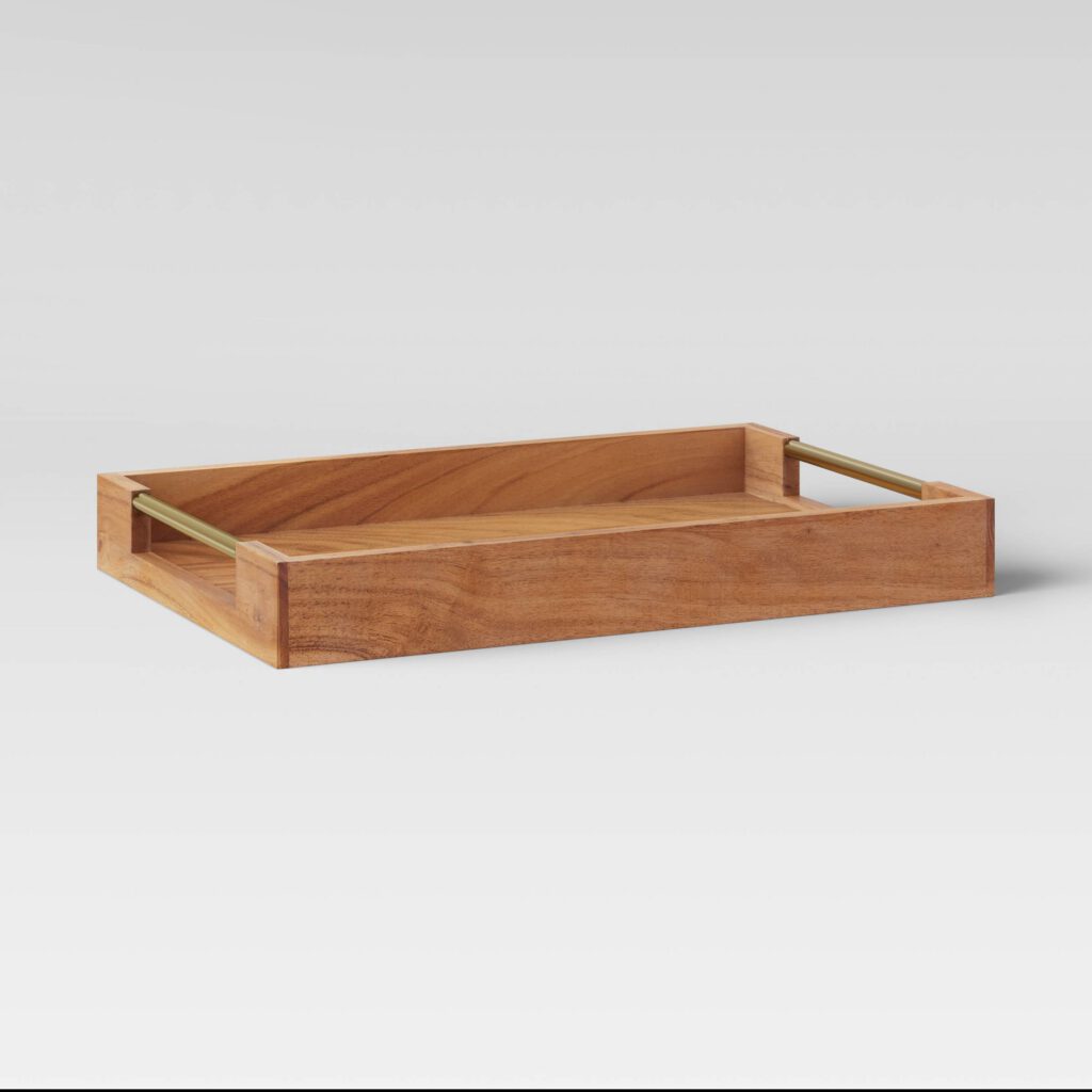 Wood tray with gold accents for organization and decor