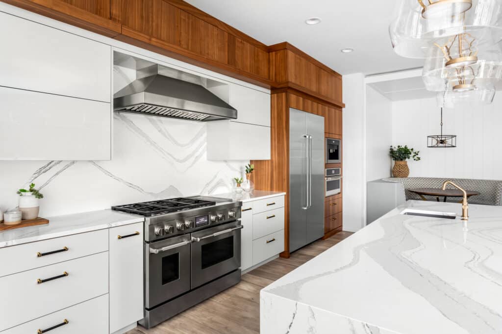 High-end kitchen with quartz island and countertops