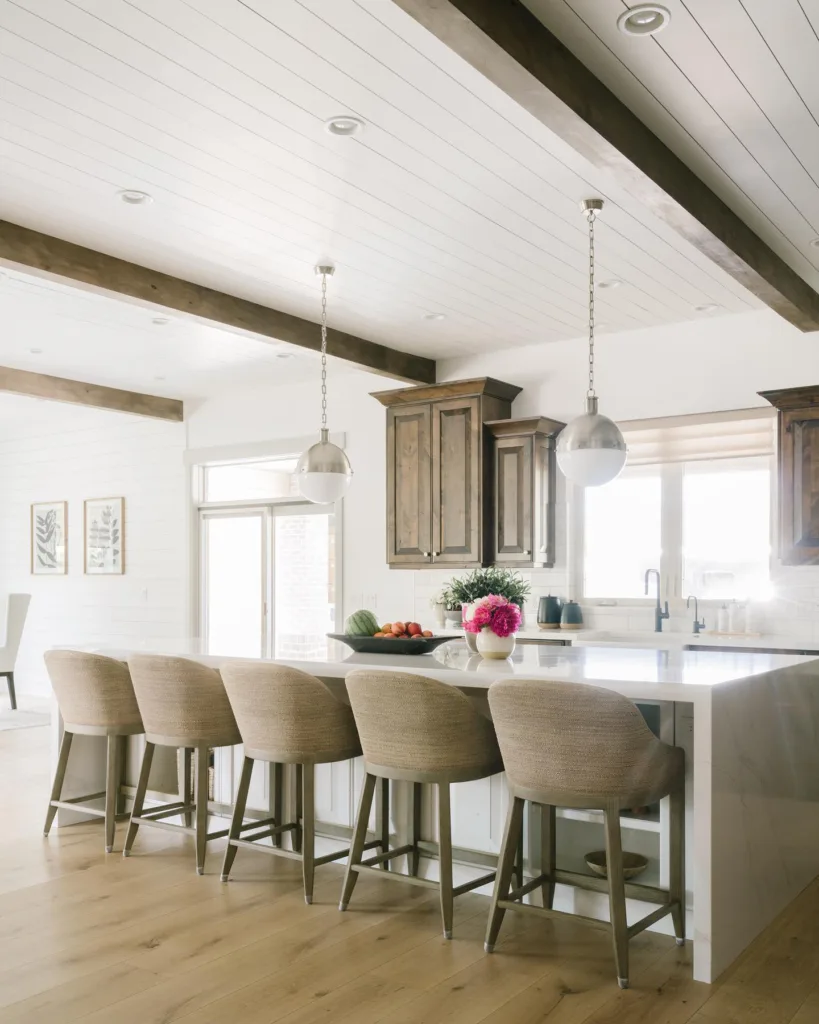 White Kitchen Shiplap Ceiling with Brown Wood Beams