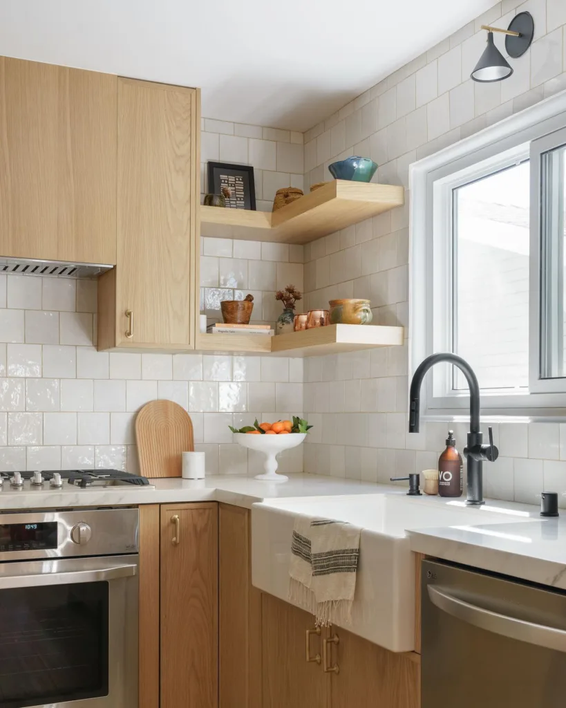 Farmhouse sink and open oak shelves