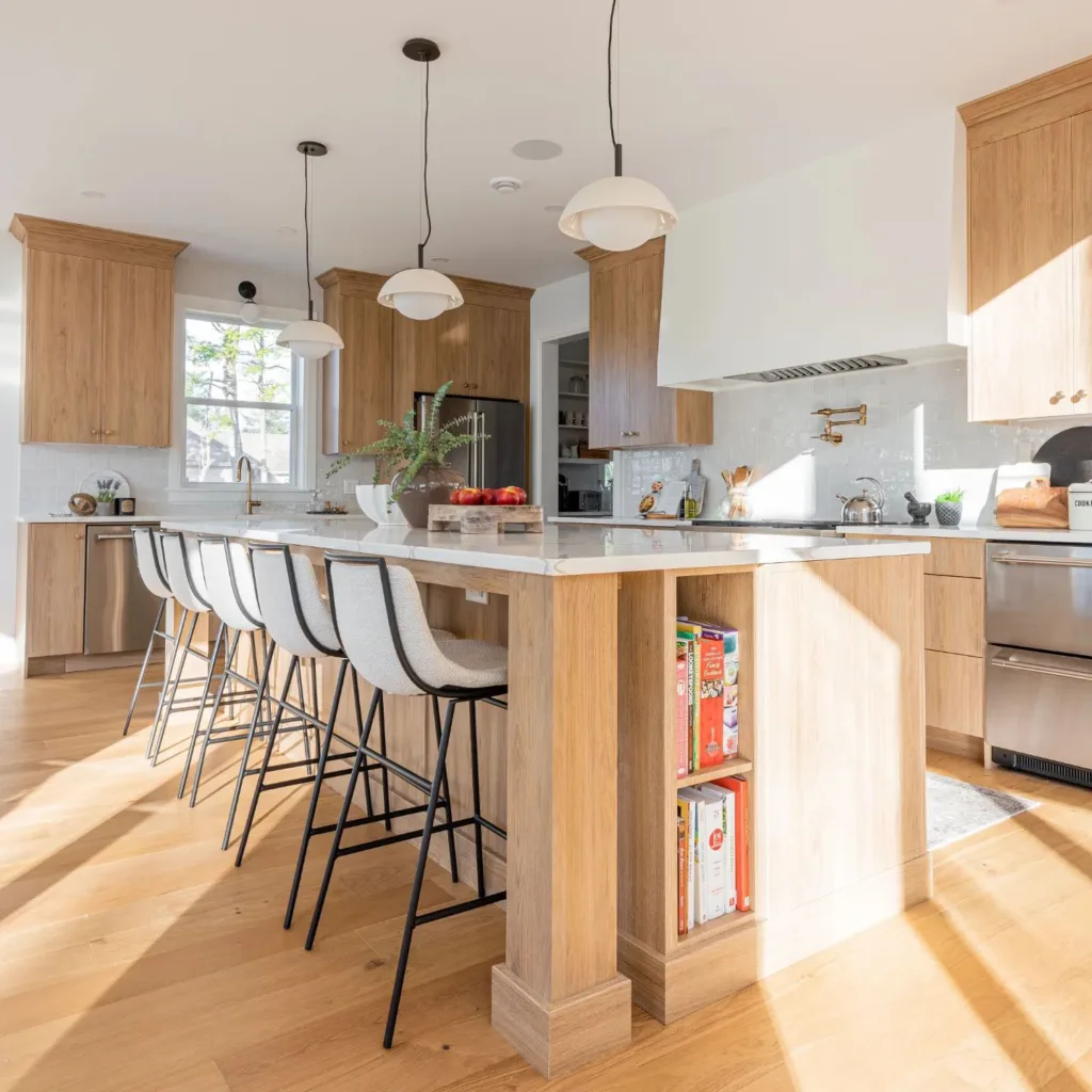 White oak kitchen and island with seating