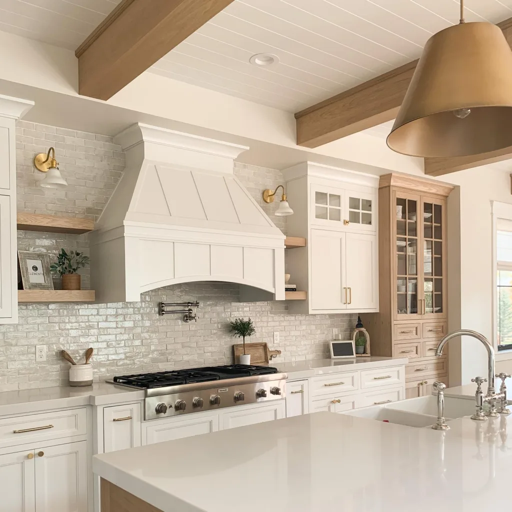 Shiplap kitchen ceiling with wood beams and floor to ceiling backsplash