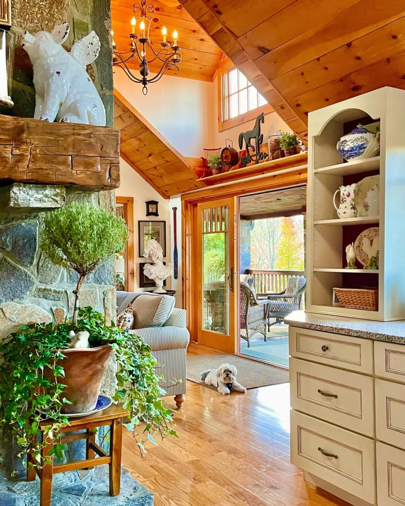 Natural wood shiplap on a vaulted ceiling