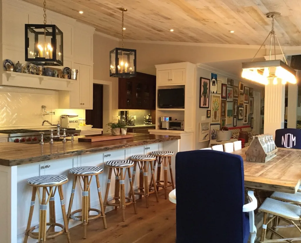 Sloped ceiling with light wood shiplap in a kitchen
