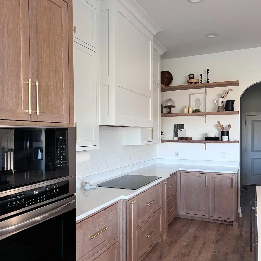 White oak kitchen cabinets mixed with white cabinets