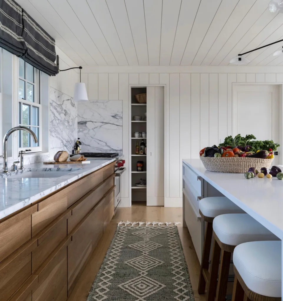 Matching shiplap walls and ceiling in a kitchen