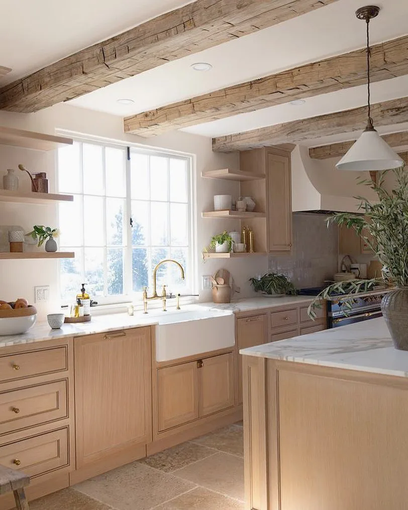 Farmhouse sink with white oak cabinets