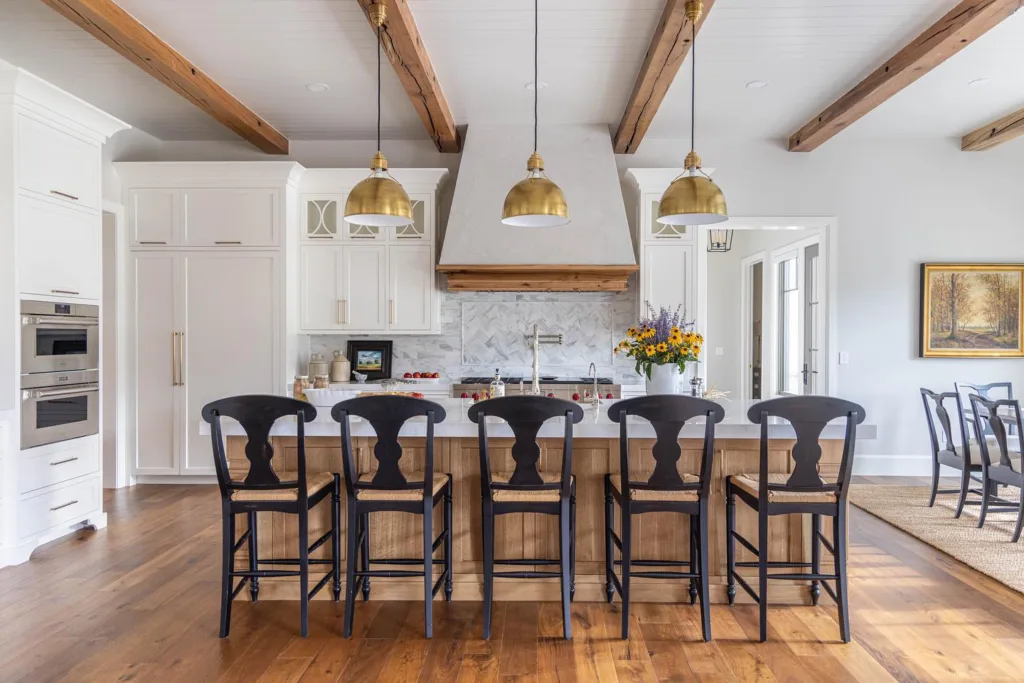 Wood Beams and Pendant Lights on Shiplap Ceiling