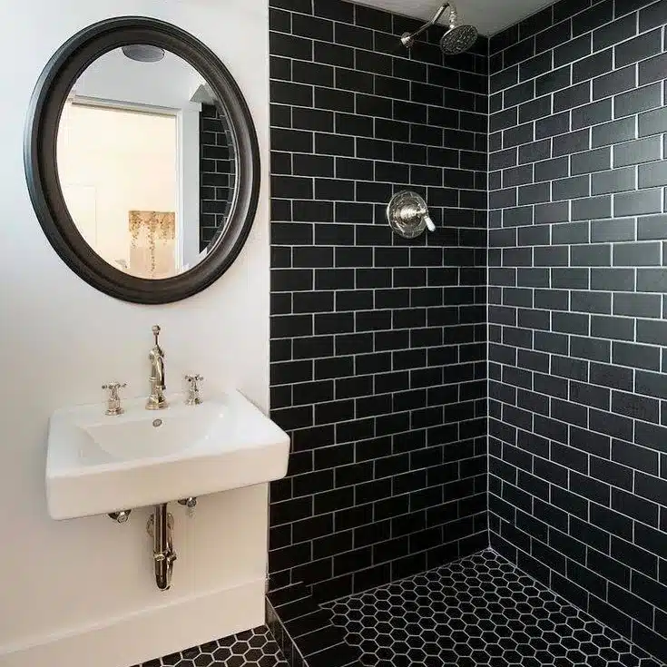 White Grout With Black Subway Tile Shower