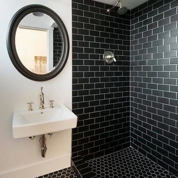 38 Bathrooms With Hexagon Tile Floors 4 White Grout With Black Subway Tile Shower