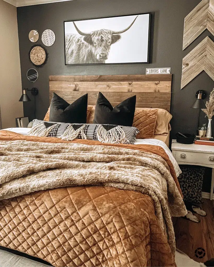 Masculine Country Bedroom With A Black Accent Wall And Rich Brown Blankets And Pillows
