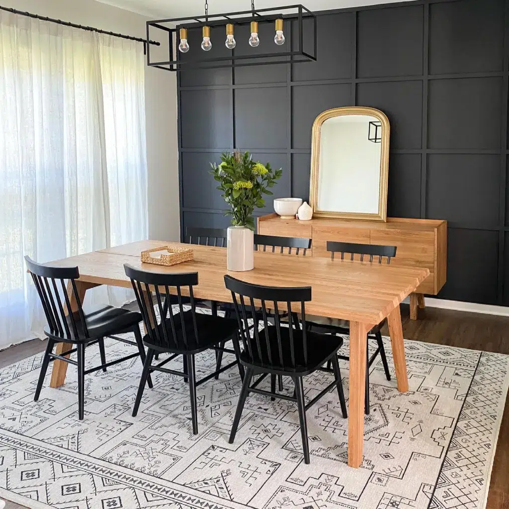 34 Black Accent Wall Ideas For Stunning Contrast 31 Black Accent Wall In A Dining Room With Matching Chairs At A Wood Table
