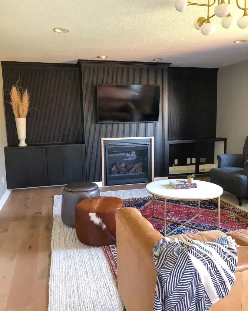 34 Black Accent Wall Ideas For Stunning Contrast 34 Black Accent Wall With Wood Trim In A Colorful Living Room With A Fireplace And Tv