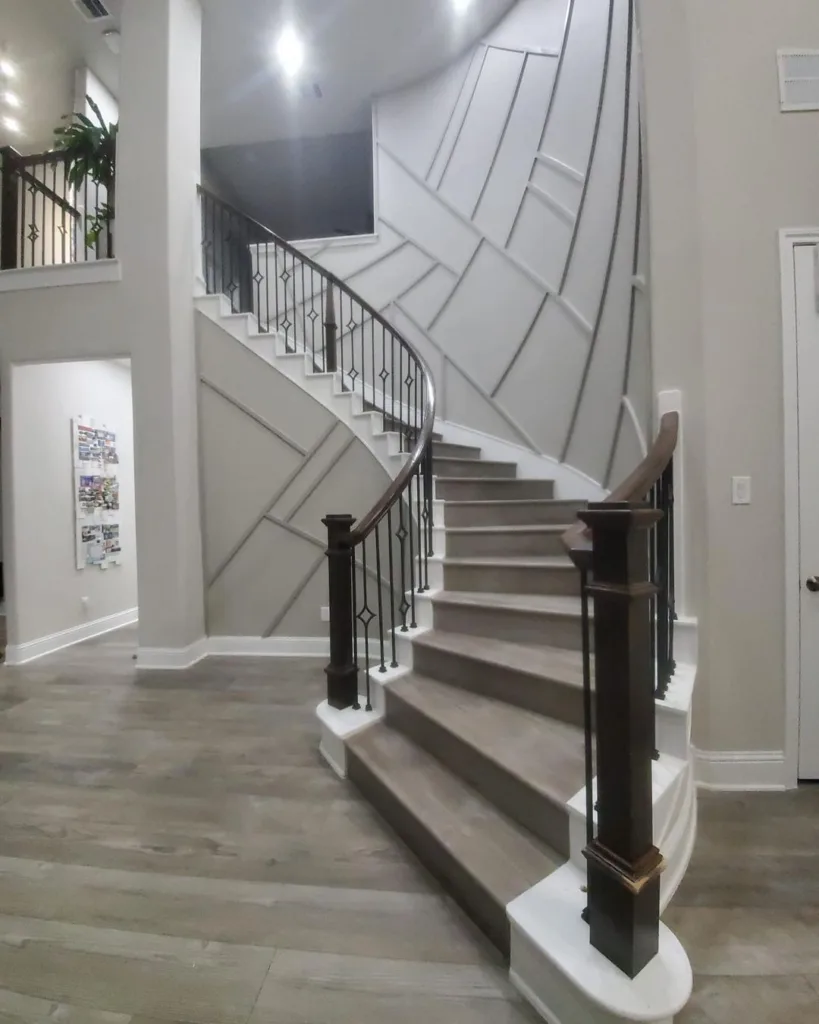 24 Curved Staircases For Design And Decor Inspiration 21 Geometric Wall Paneling On A Curved Staircase With Grey And White Treads