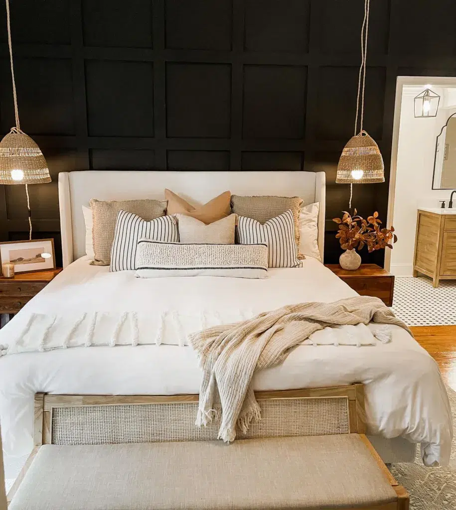 34 Black Accent Wall Ideas For Stunning Contrast 29 Black Board And Batten Behind A Beige Bed