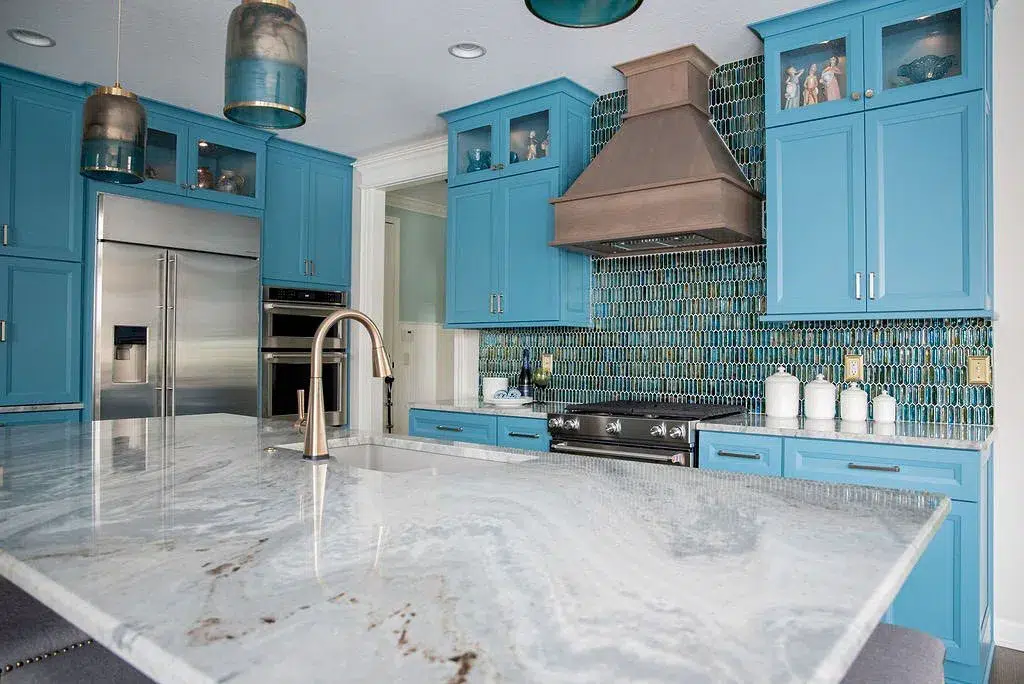 Bright Teal Tile And Cabinets Jpg