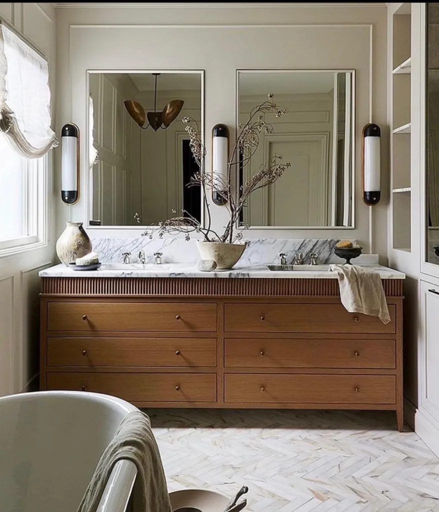 A Brown Wood Bathroom Vanity With Intricate Details Around The Top And Vases On The Marble Countertop As Decor
