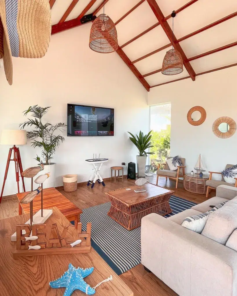 Brown Wood Beams And Tables In A Living Room With A Hawaiin Beach Style