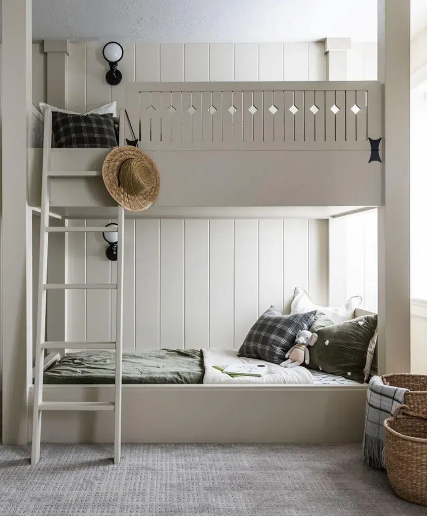 33 Built-In Bunk Beds To Upgrade Your Guest Rooms 9 Vertical Shiplap Accent On A Beige Built-In Bunk Bed
