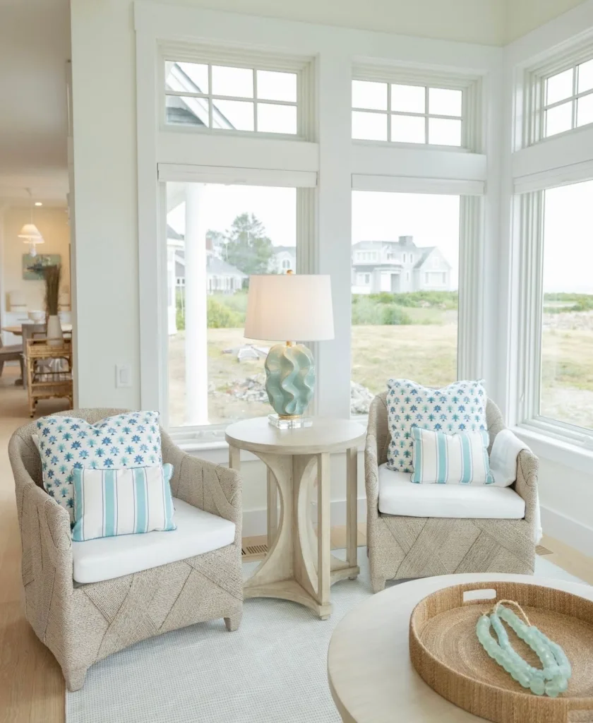 Two Neutral Seats With White Cushions And Teal Pillows In A Sitting Area By The Beach