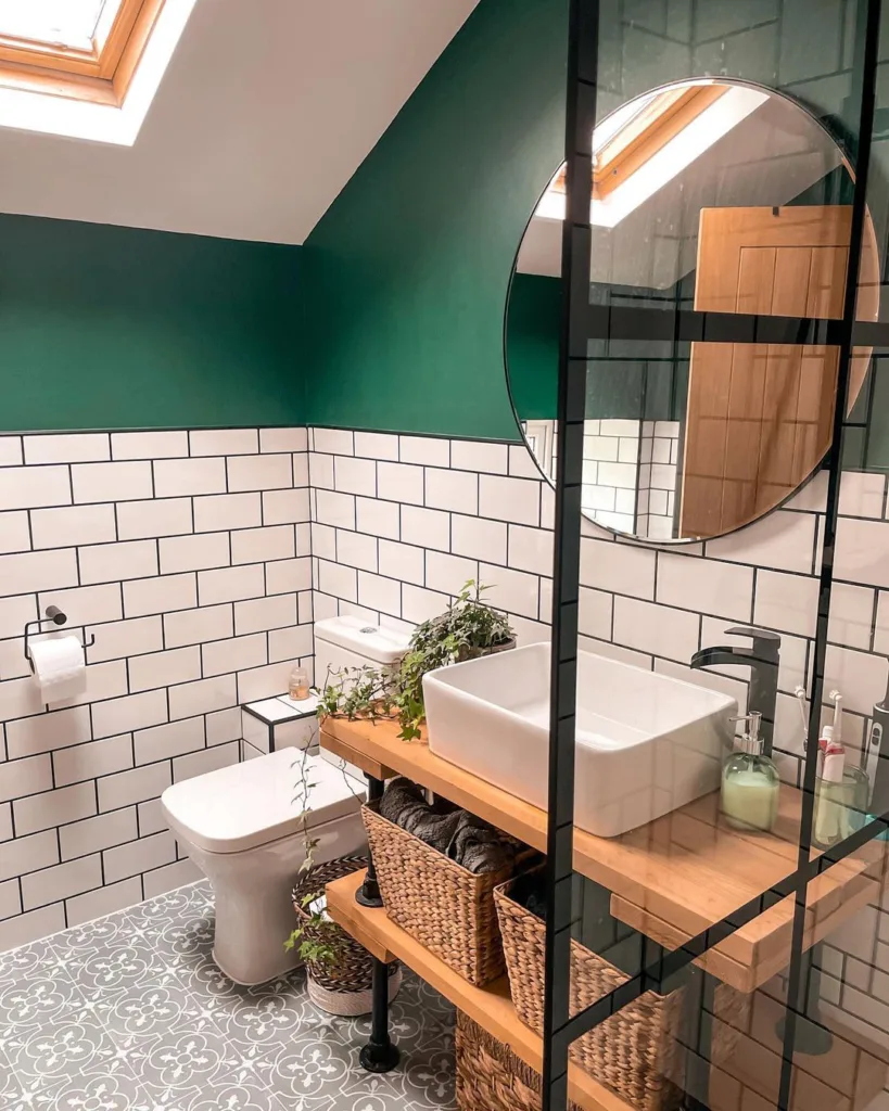 35 Bathroom Counter Decor Ideas 33 A Wood Shelf Vanity With A Porcelain Sink And A Large Plant With Vines Hanging Down The Left Side