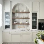Cream Kitchen Cabinets with Wood Shelves
