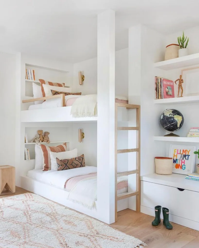 33 Built-In Bunk Beds To Upgrade Your Guest Rooms 28 Built-In White Bunk Beds With A Natural Wood Ladder