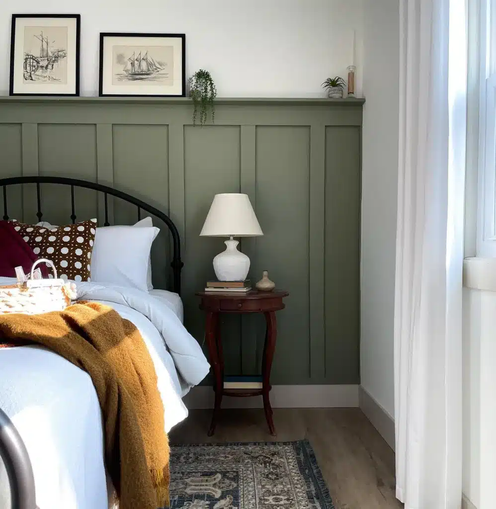 37 Rug Under Bed Ideas For A Stylish Bedroom 6 A Blue And White Patterned Rug Under A Black Bed With Green Board And Batten Behind The Headboard
