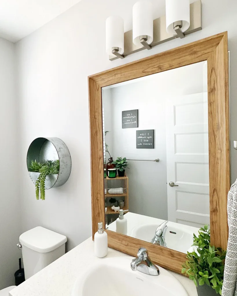 35 Bathroom Counter Decor Ideas 11 A Green Plant On A Small White Vanity With A Wood Frame Mirror