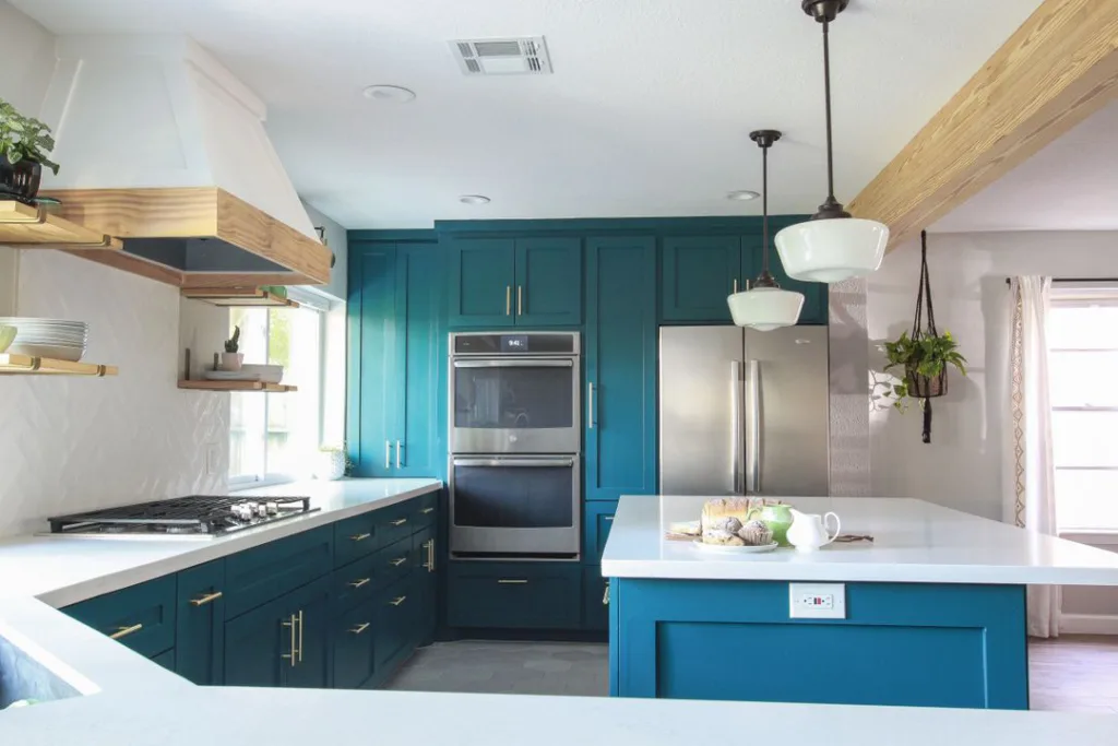 25 Teal Kitchen Cabinets Ideas 15 Green Teal Cabinets With A Blue Island And White Countertops