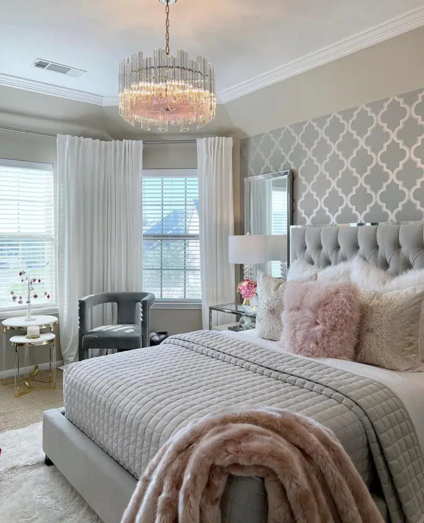 37 Rug Under Bed Ideas For A Stylish Bedroom 19 A Plush White Carpet Under A Grey Tufted Bed With A Grey Comforter And A Pink Throw Pillows