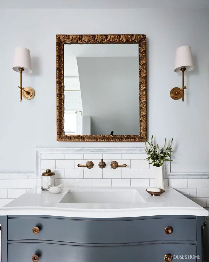 35 Bathroom Counter Decor Ideas 13 White Counter Plant On A Grey Vanity With A White Subway Tile Backsplash