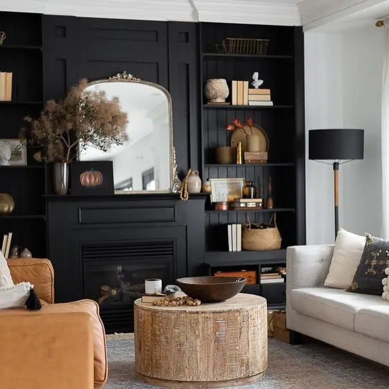 34 Black Accent Wall Ideas For Stunning Contrast 28 A Black Living Room With A Filigree Mirror And Built-Ins