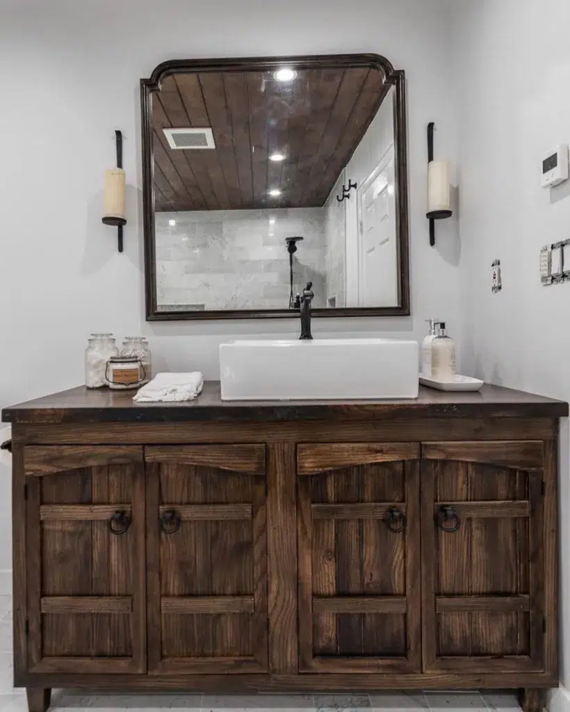Fully Wooden Bathroom Counter With White Sink With Wooden Rectangular Mirror 