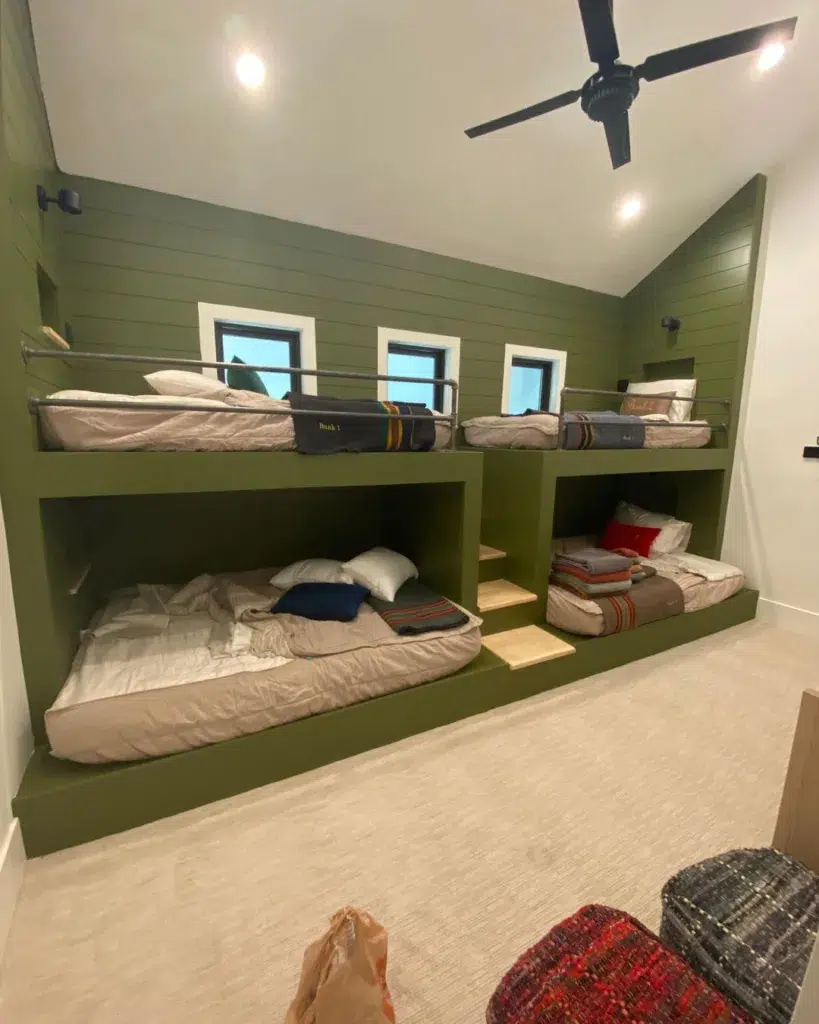 Dark Green Built-In Bunk Beds With Queen Size Beds