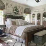 White and Black Rug Under Bed in a Farmhouse Bedroom