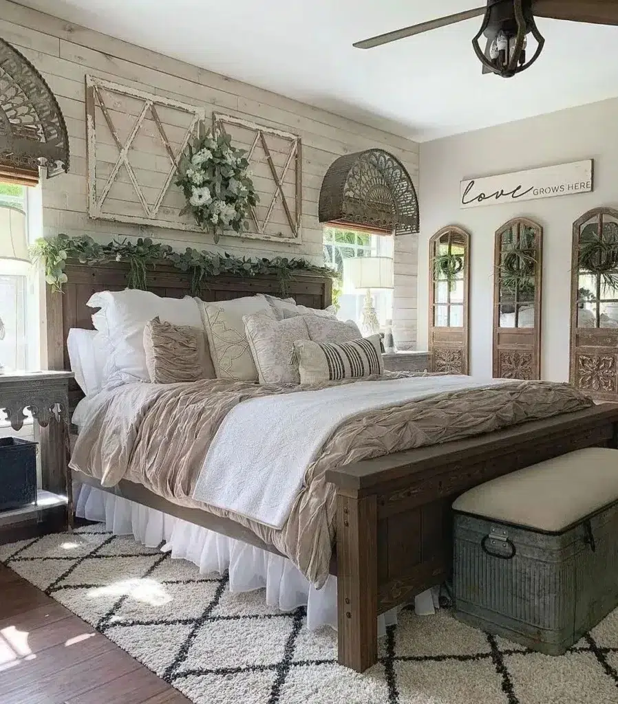 37 Rug Under Bed Ideas For A Stylish Bedroom 22 Farmhouse Bedroom With A Criss-Cross Rug Design Under A Bed With Lots Of Pillows And Throws