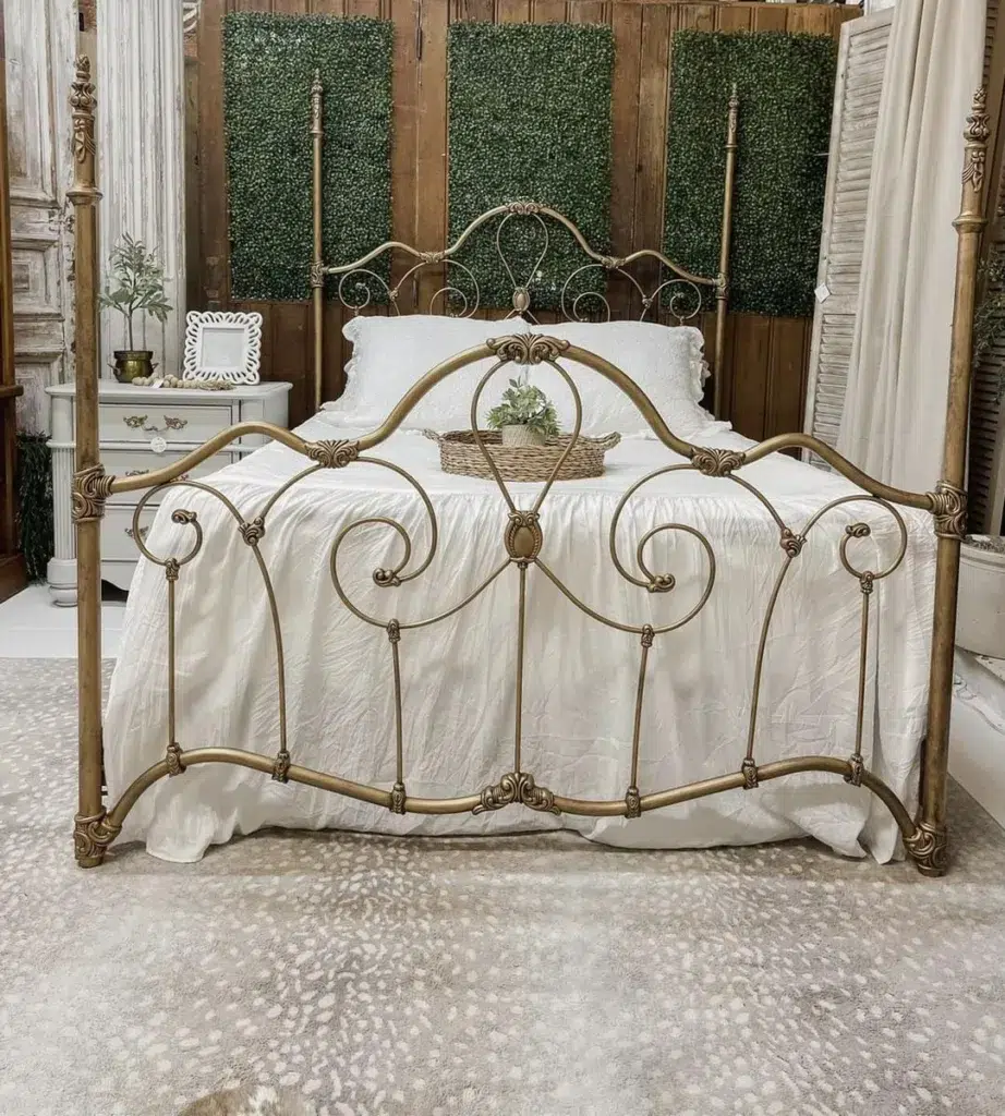 37 Rug Under Bed Ideas For A Stylish Bedroom 29 A Gold Frame Bed With White Sheets And A Beige Rug Under The Bed