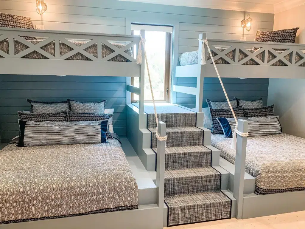 33 Built-In Bunk Beds To Upgrade Your Guest Rooms 33 Grey Built-In Bunk Beds With Steps And A Shiplap Accent Wall