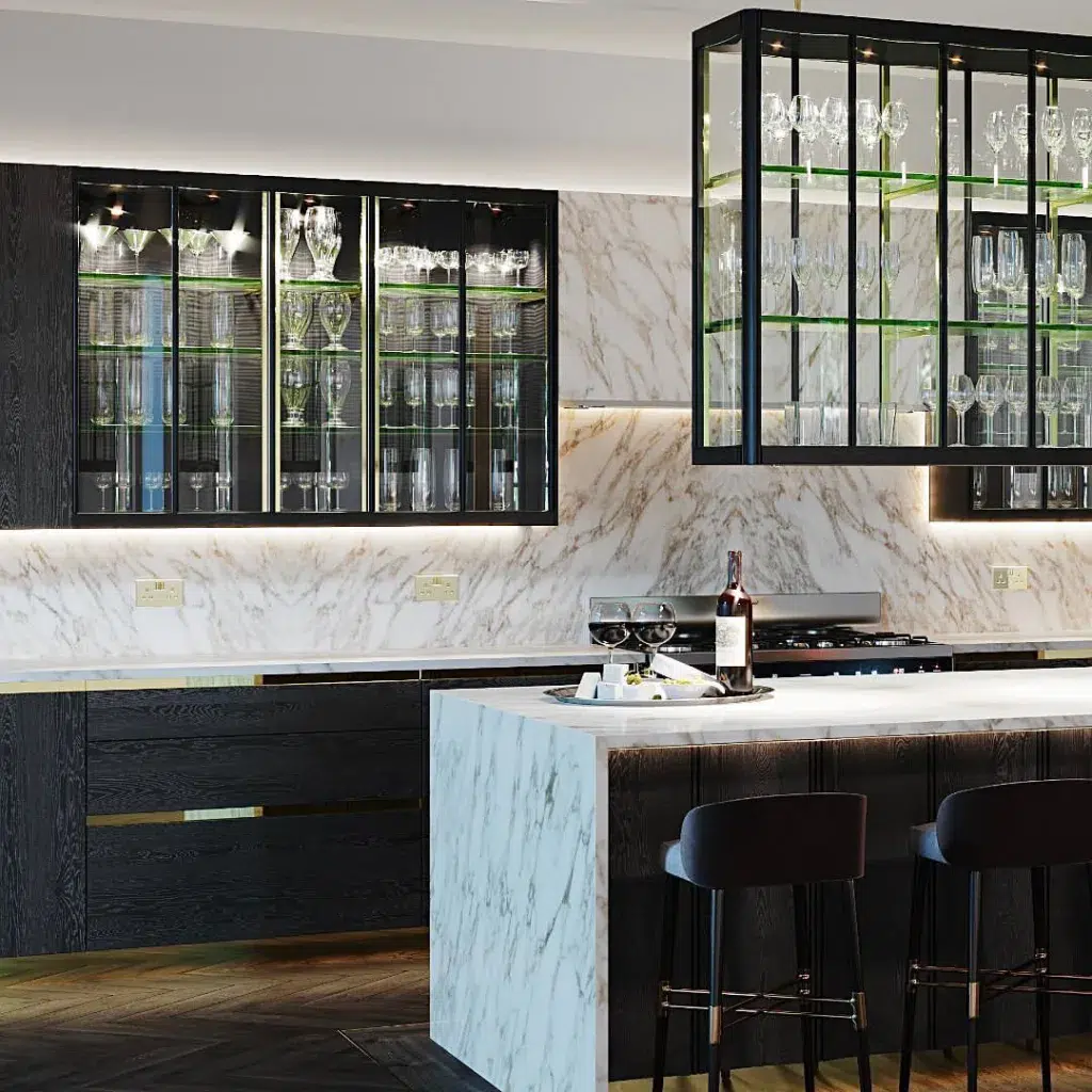 32 Waterfall Kitchen Island Ideas For Inspiration 18 A Marble Waterfall Island In A Black Modern Kitchen