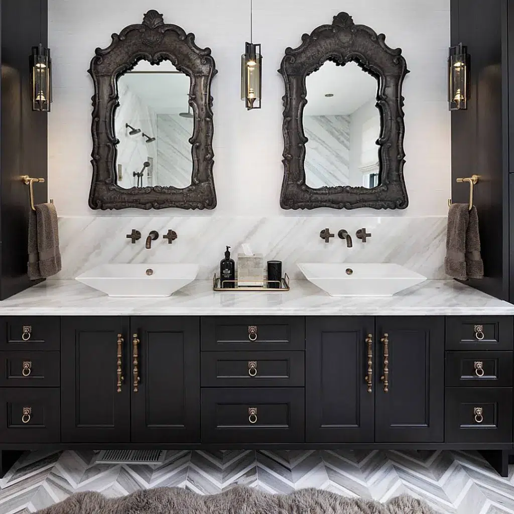 35 Bathroom Counter Decor Ideas 26 Black Soap In A Gold Tray Used As Bathroom Counter Decor On A Black Vanity With Marble Countertops