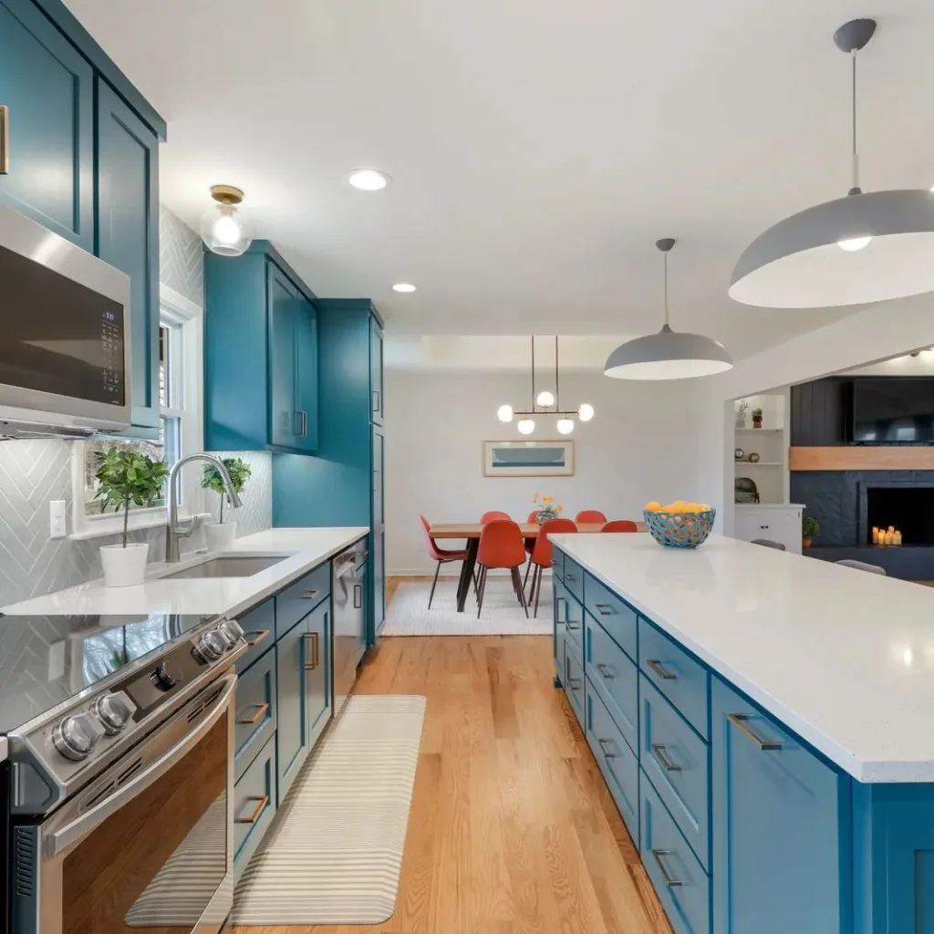 25 Teal Kitchen Cabinets Ideas 7 Teal Blue Cabinets With White Countertops And Gray Herringbone Backsplash
